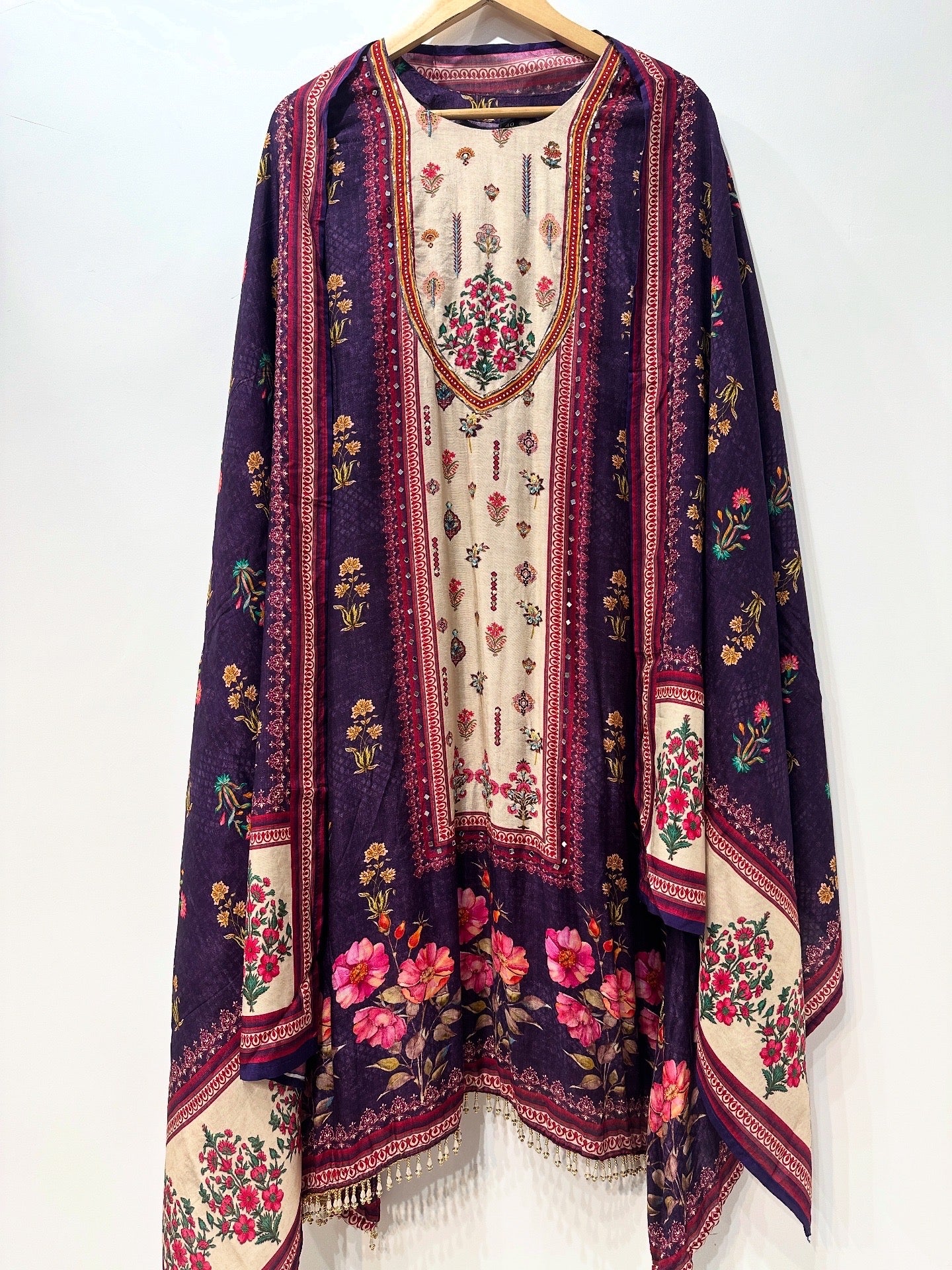Elegant Violet Floral Printed Muslin Suit Set