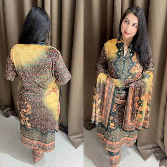 Green Yellow Digital Print Velvet Suit Set with Moti Pearl Work and Beautiful Velvet Dupatta