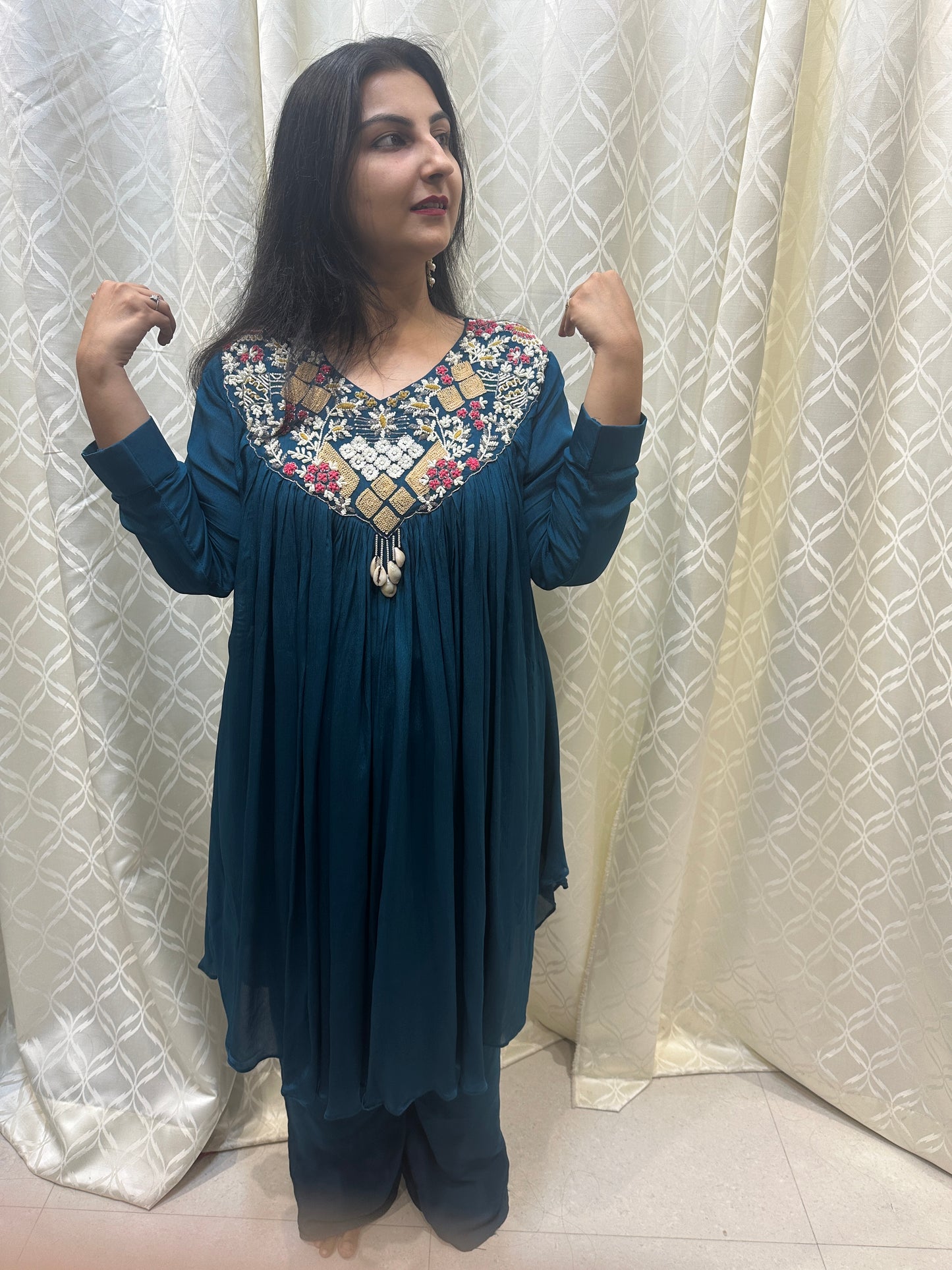 Teal Hand-Embroidered Shell Tassel Co-ord Set