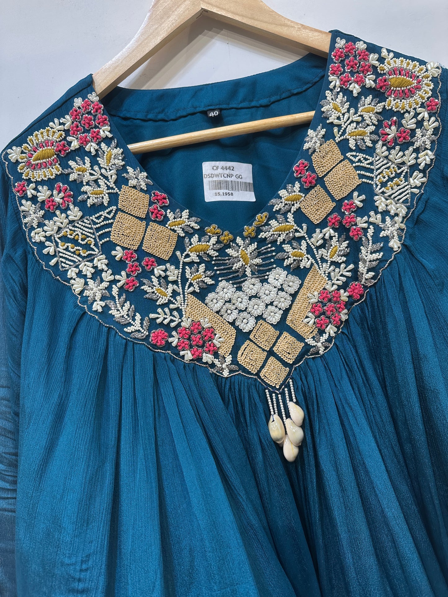 Teal Hand-Embroidered Shell Tassel Co-ord Set