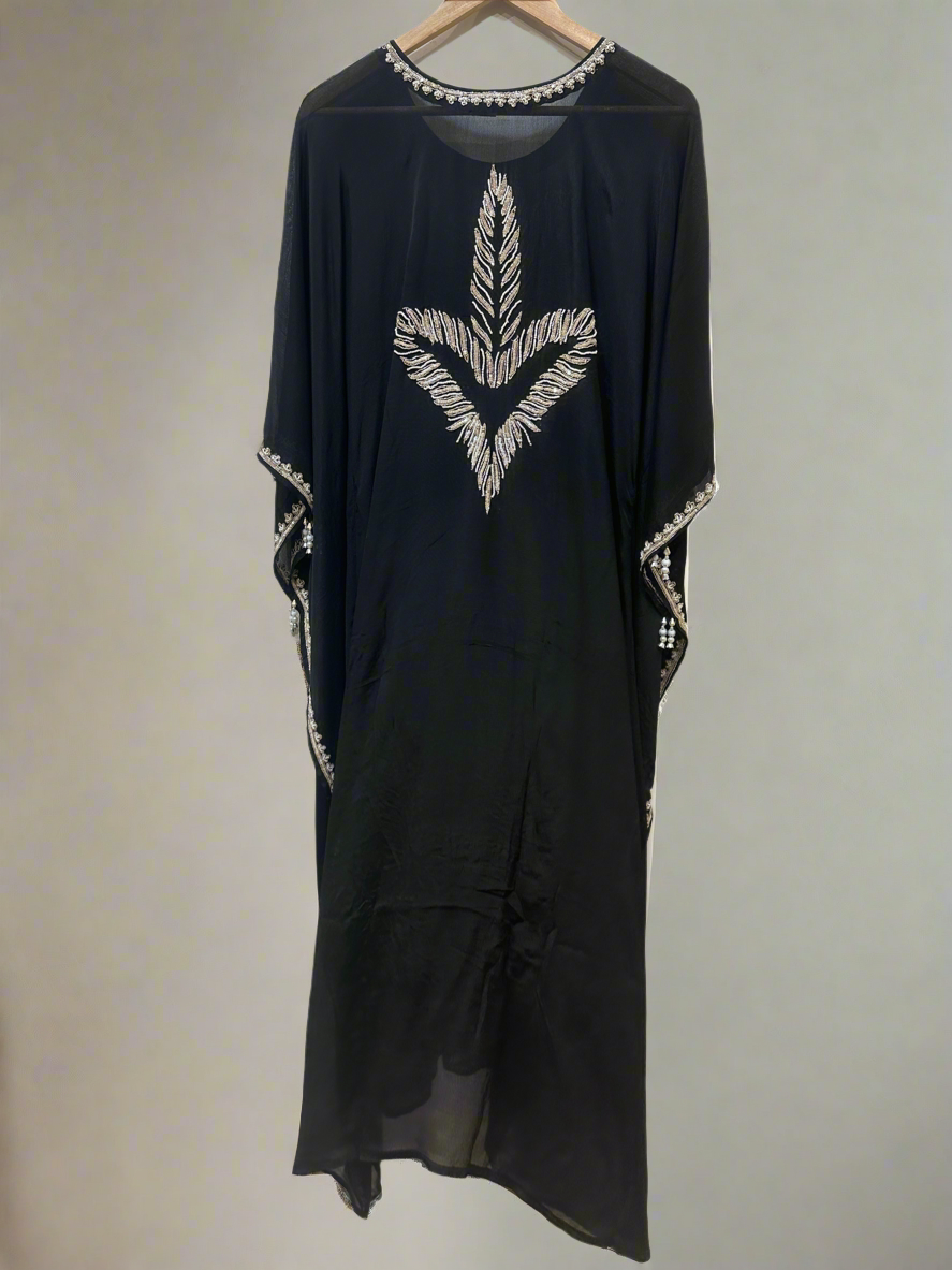 Midnight Black Feather Embroidered Kaftan Set