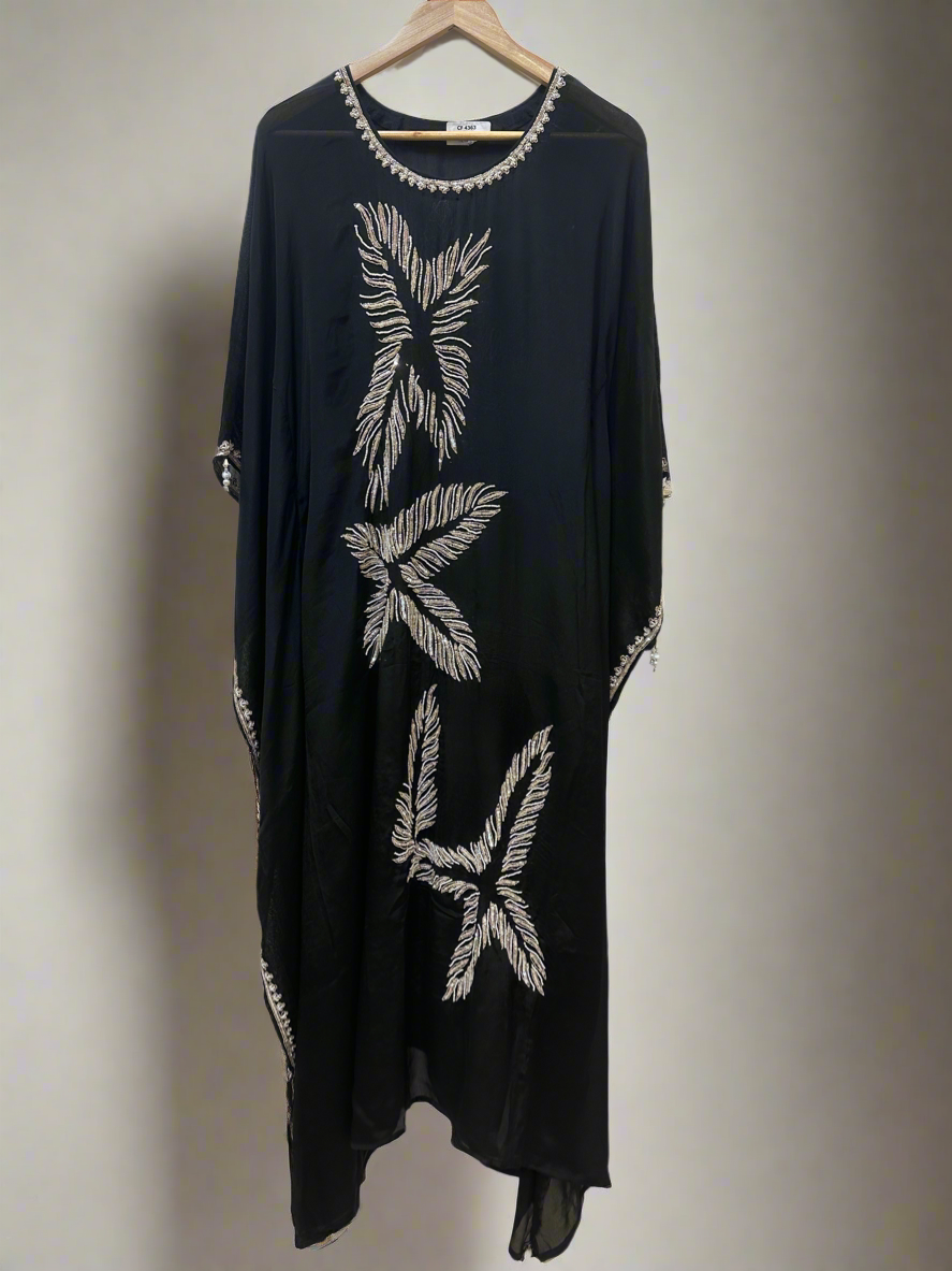 Midnight Black Feather Embroidered Kaftan Set