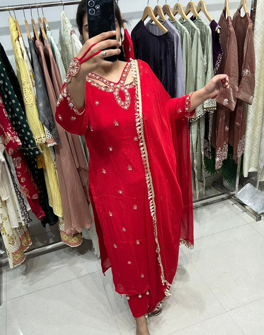 Red Chinon Partywear Suit with Designer Neck and Ring