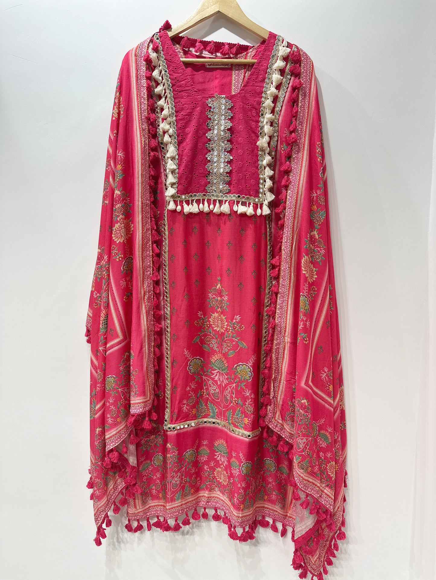 Fuchsia Muslin Schiffli Embroidered Suit with Cotton Lining