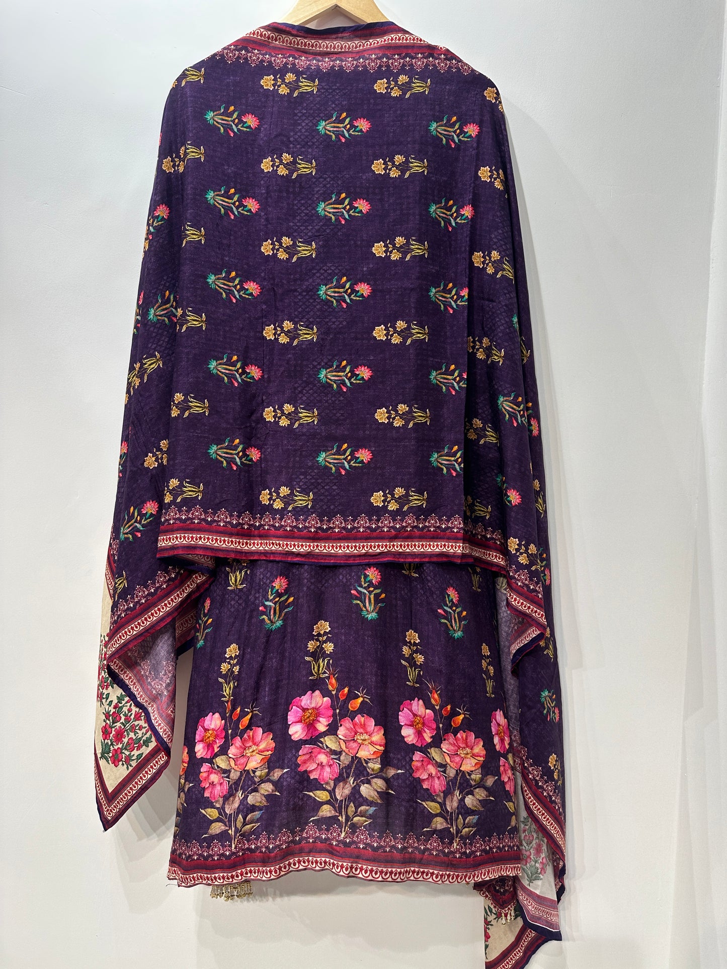 Elegant Violet Floral Printed Muslin Suit Set