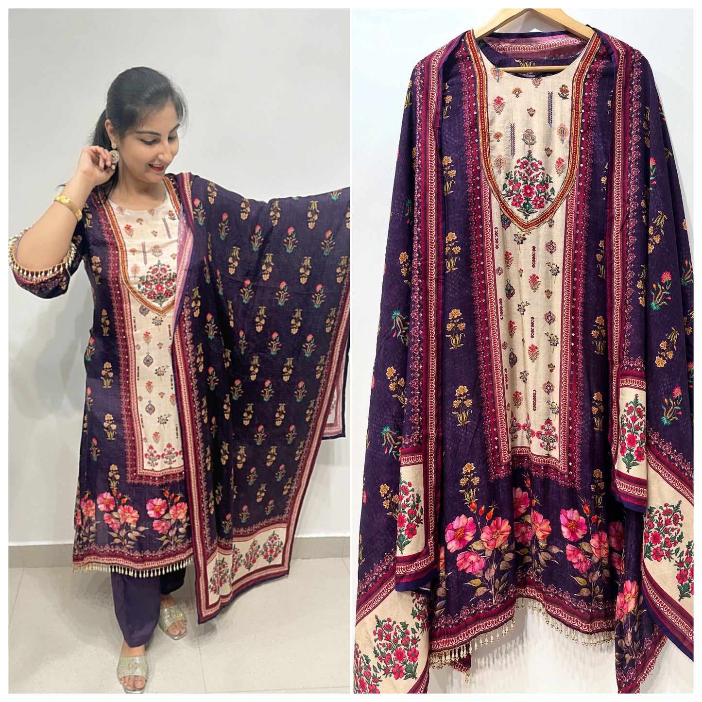 Elegant Violet Floral Printed Muslin Suit Set
