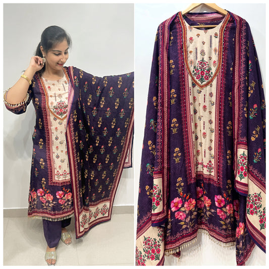 Elegant Violet Floral Printed Muslin Suit Set