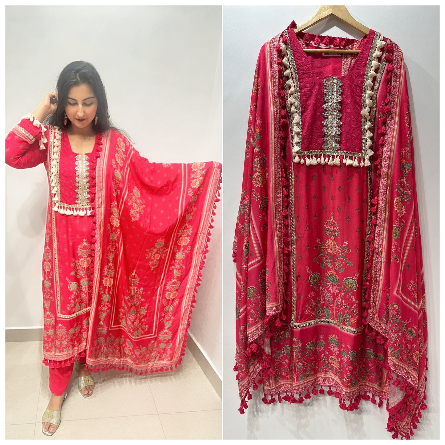 Fuchsia Muslin Schiffli Embroidered Suit with Cotton Lining