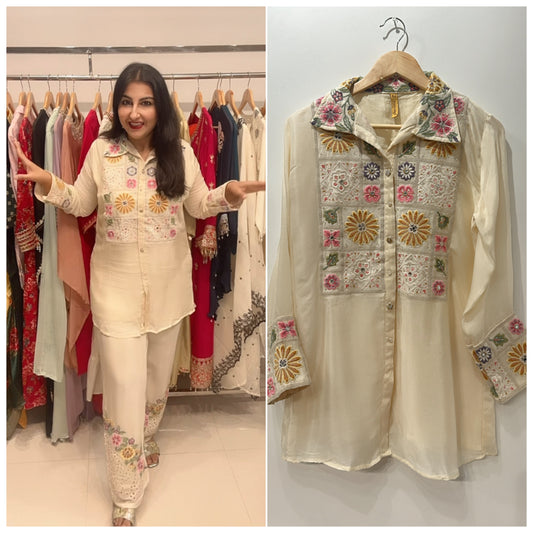 Cream Chinon Floral Embroidered Co-ord Set with Eyelet Detailing