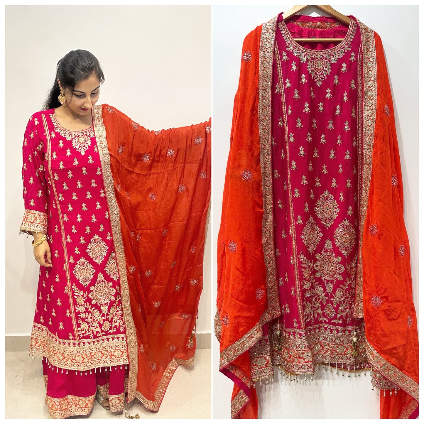 Rani Pink Embroidered Sharara Suit Set with Contrast Dupatta