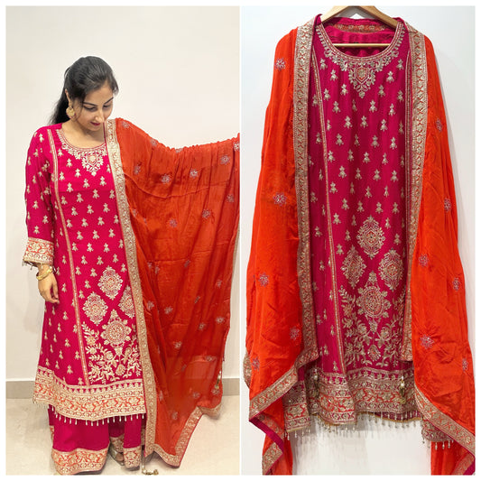 Rani Pink Embroidered Sharara Suit Set with Contrast Dupatta
