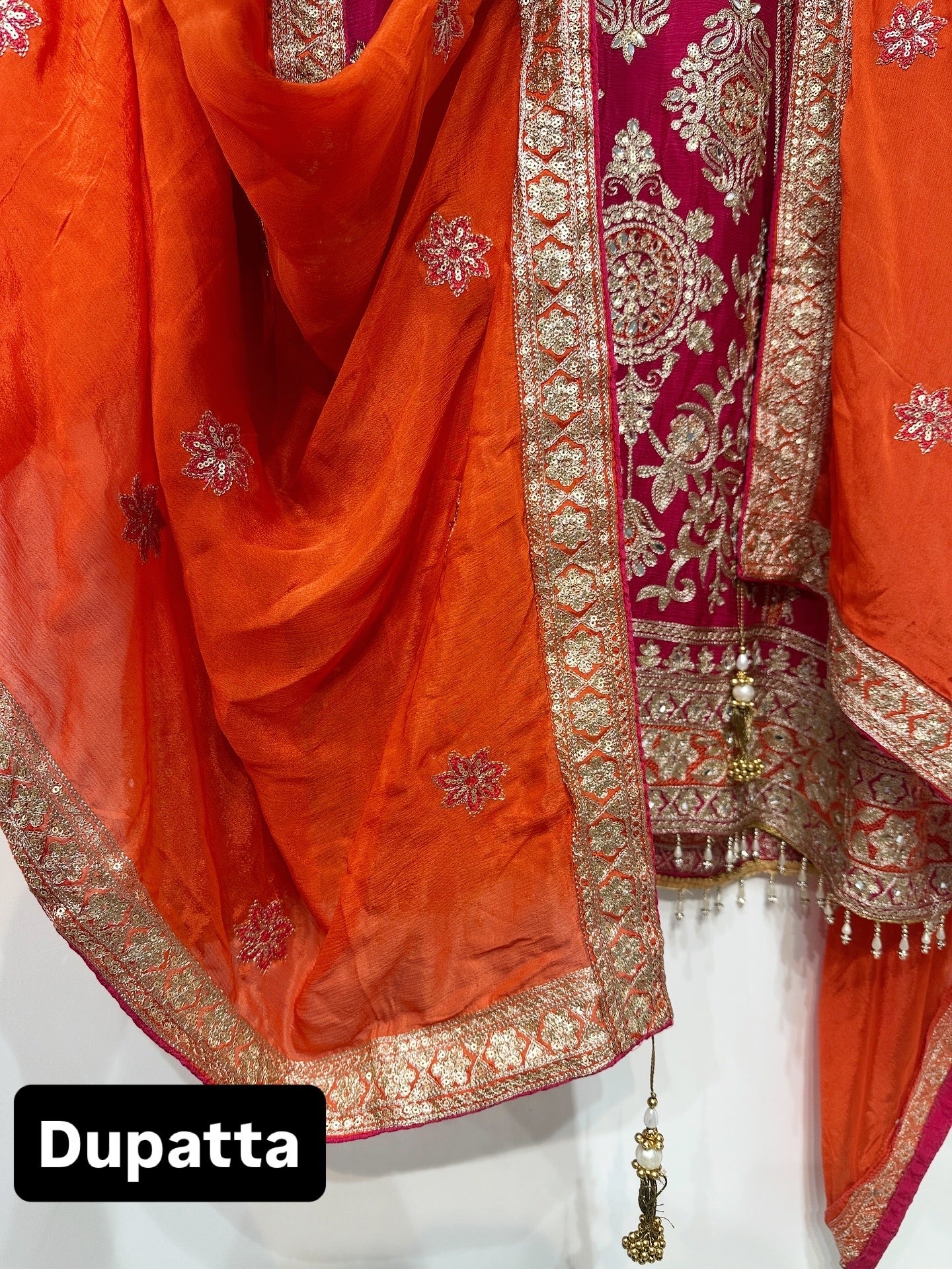 Rani Pink Embroidered Sharara Suit Set with Contrast Dupatta