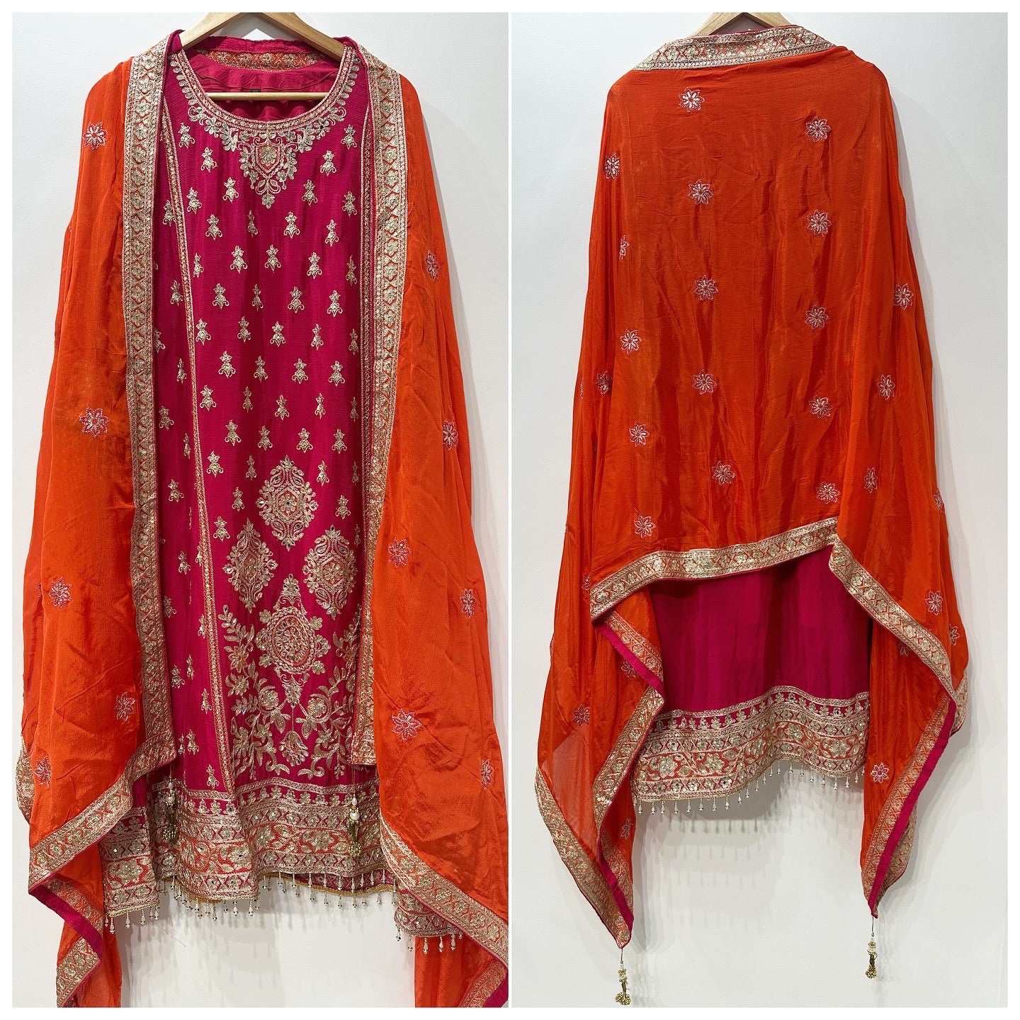 Rani Pink Embroidered Sharara Suit Set with Contrast Dupatta