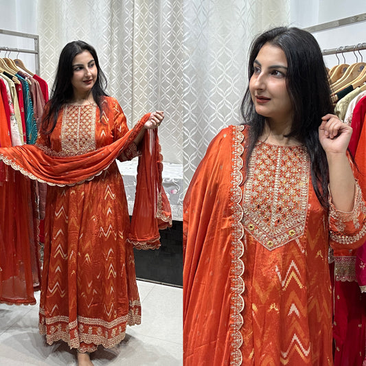Rust Orange Chinon Anarkali Suit with Mirror Work and Beautiful Scalloped Dupatta
