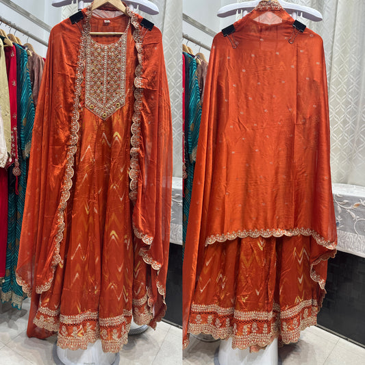 Rust Orange Chinon Anarkali Suit with Mirror Work and Beautiful Scalloped Dupatta