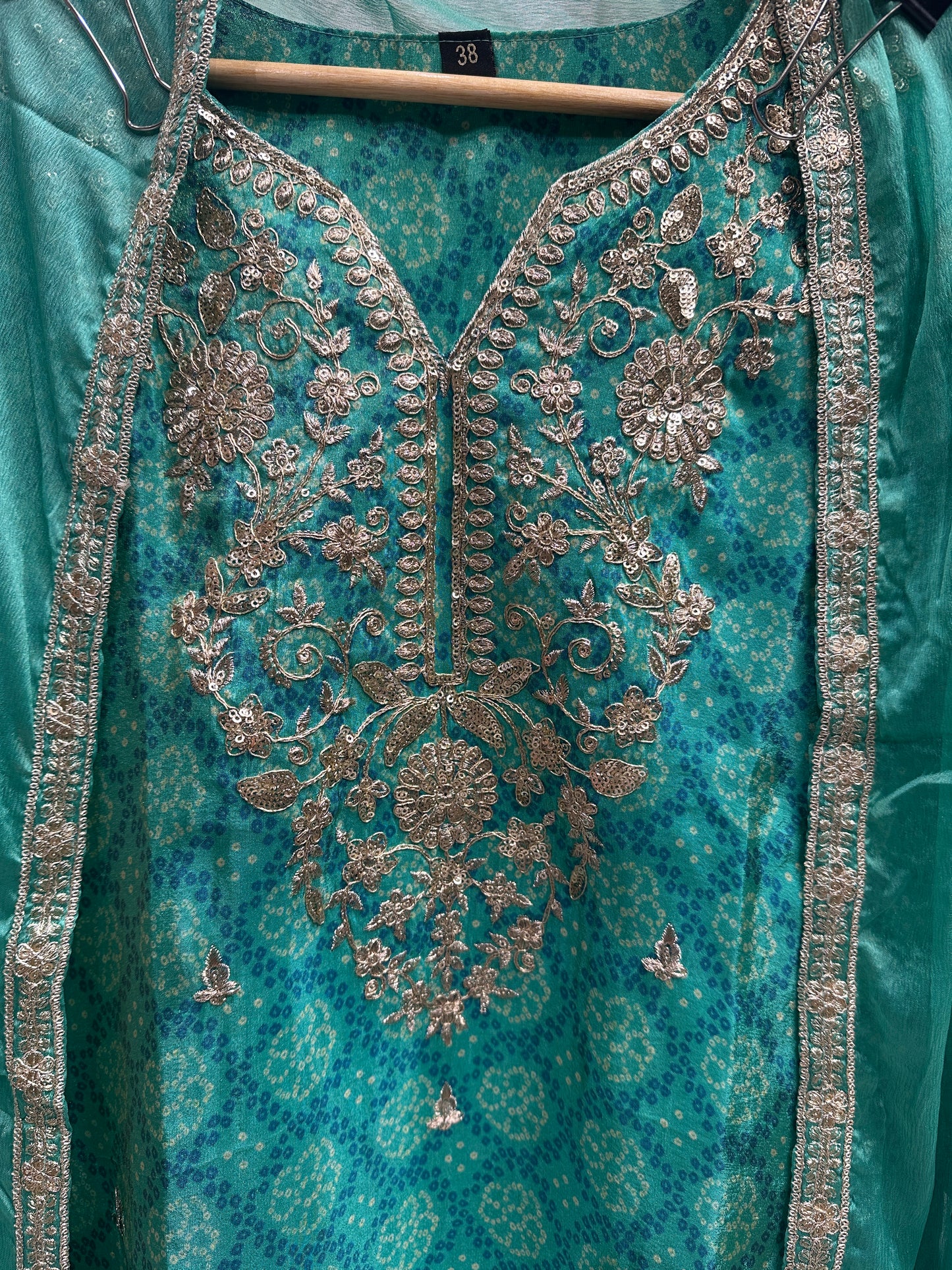 Aqua Green Embroidered Bandhani Farshi Suit with Beautiful Chiffon Dupatta