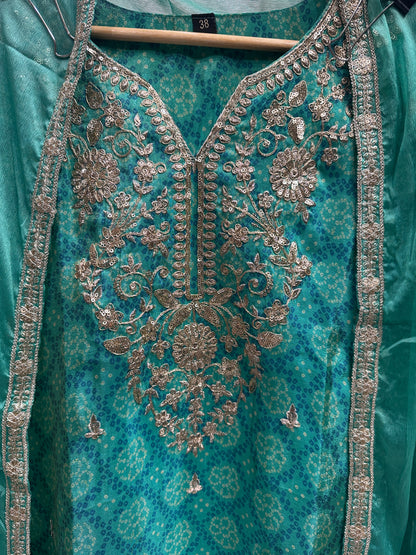 Aqua Green Embroidered Bandhani Farshi Suit with Beautiful Chiffon Dupatta