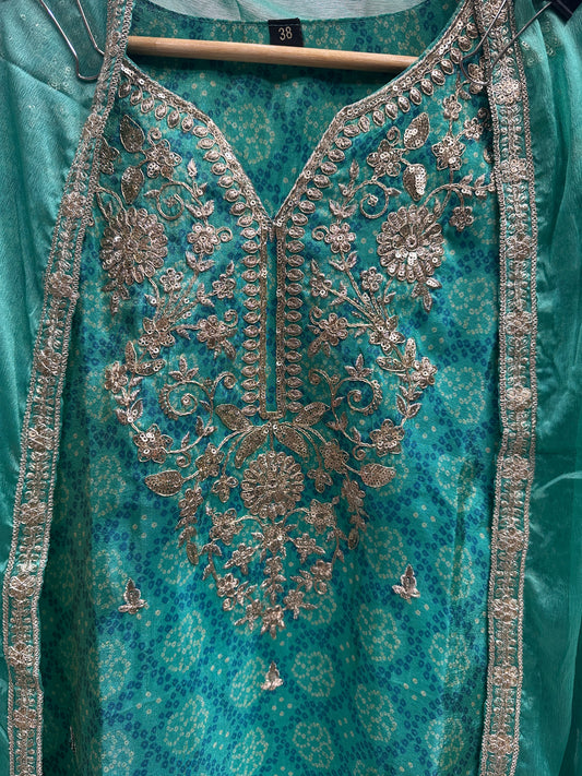 Aqua Green Embroidered Bandhani Farshi Suit with Beautiful Chiffon Dupatta