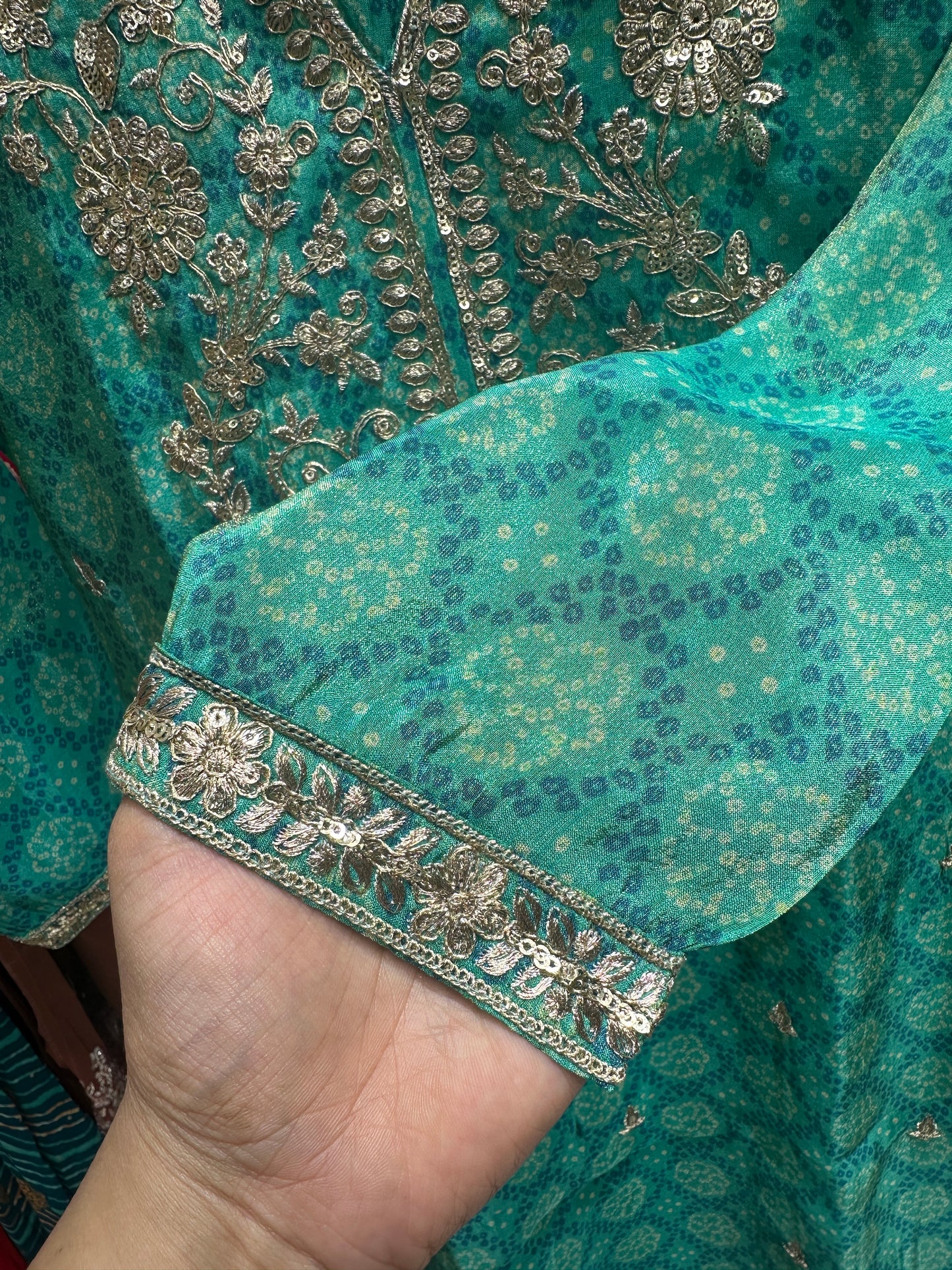 Aqua Green Embroidered Bandhani Farshi Suit with Beautiful Chiffon Dupatta
