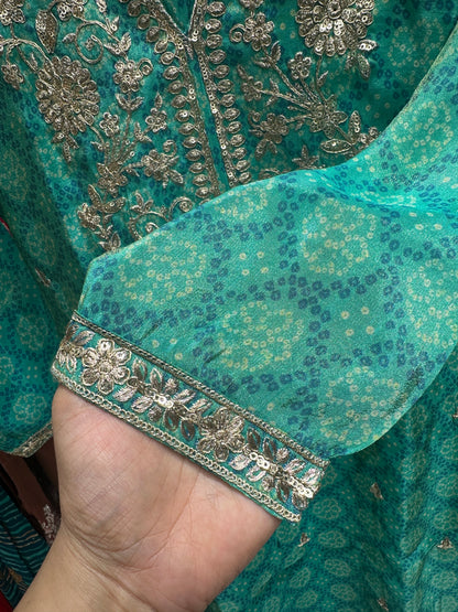 Aqua Green Embroidered Bandhani Farshi Suit with Beautiful Chiffon Dupatta