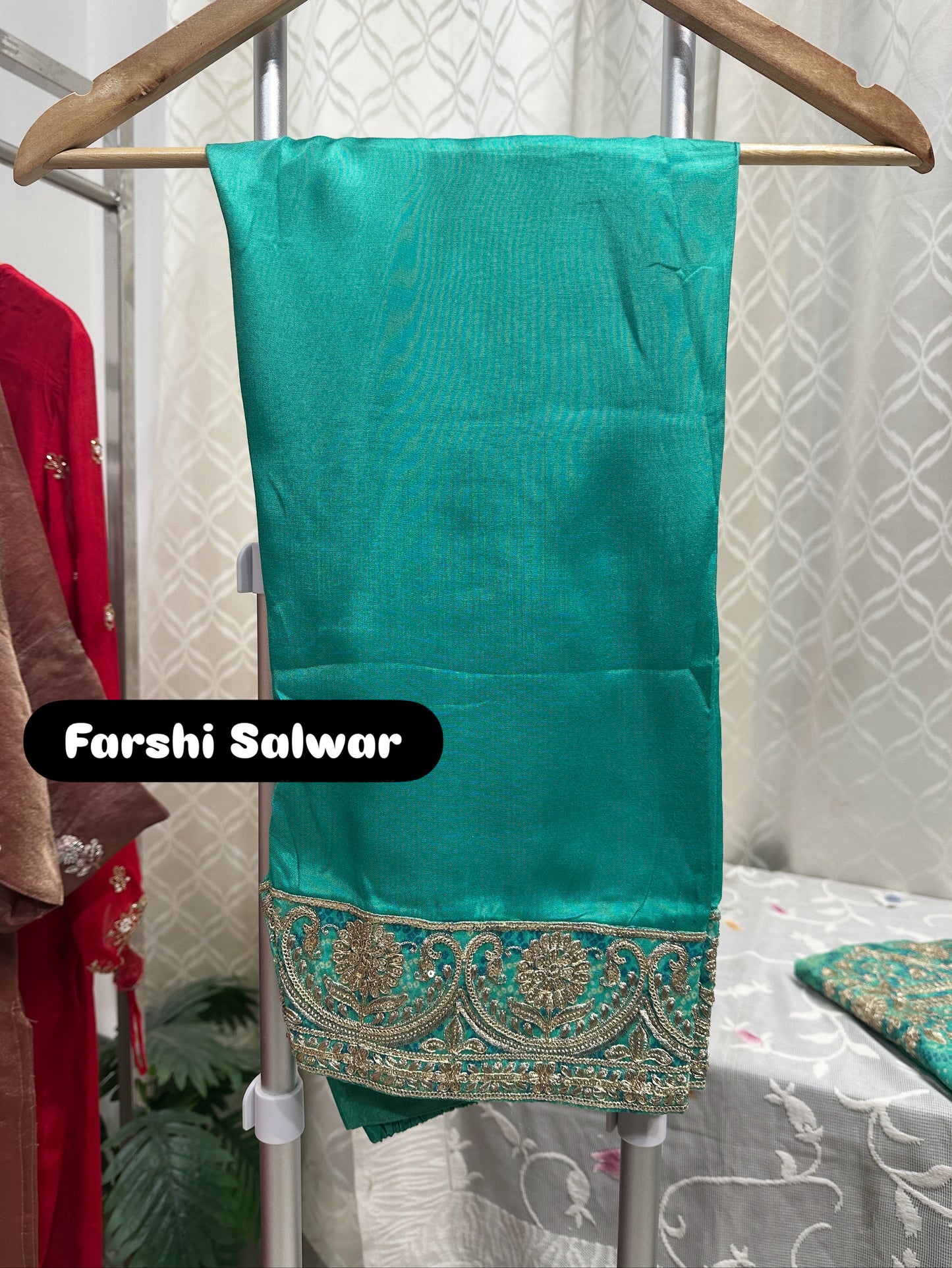 Aqua Green Embroidered Bandhani Farshi Suit with Beautiful Chiffon Dupatta
