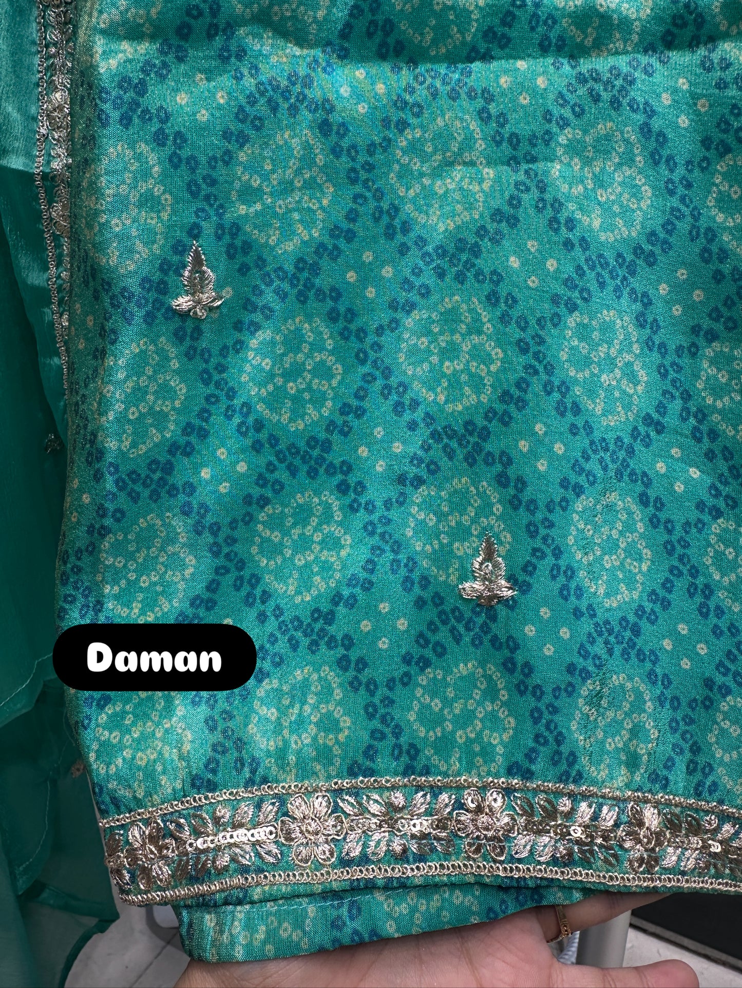 Aqua Green Embroidered Bandhani Farshi Suit with Beautiful Chiffon Dupatta