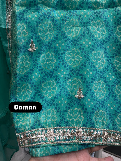 Aqua Green Embroidered Bandhani Farshi Suit with Beautiful Chiffon Dupatta