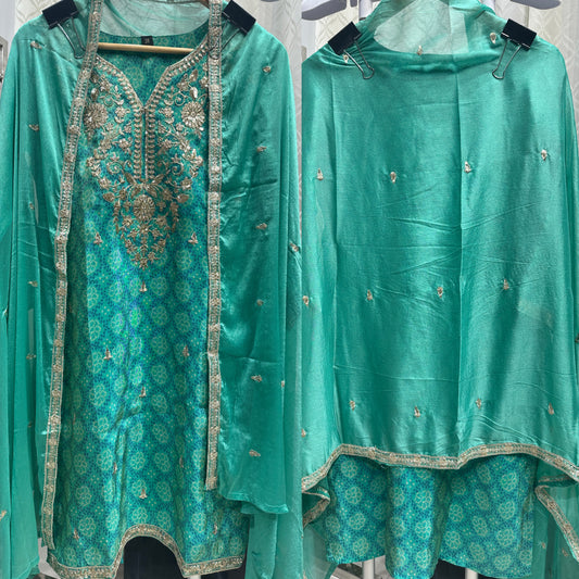 Aqua Green Embroidered Bandhani Farshi Suit with Beautiful Chiffon Dupatta