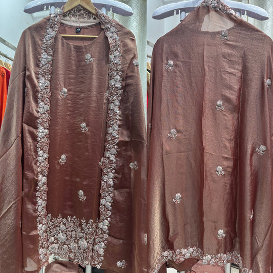 Dusty Rose Fendi Heavy Embroidered Partywear Suit with Beautiful Dupatta