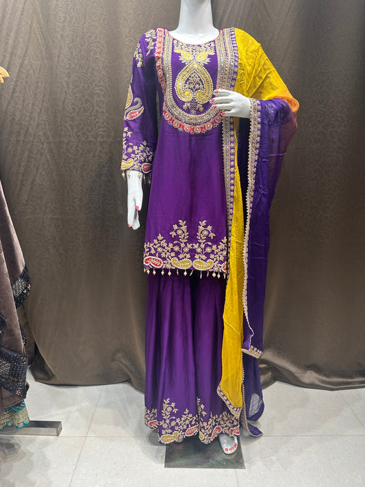 Deep Purple and Yellow Heavy Partywear Sharara Suit with Beautiful Chiffon Dupatta