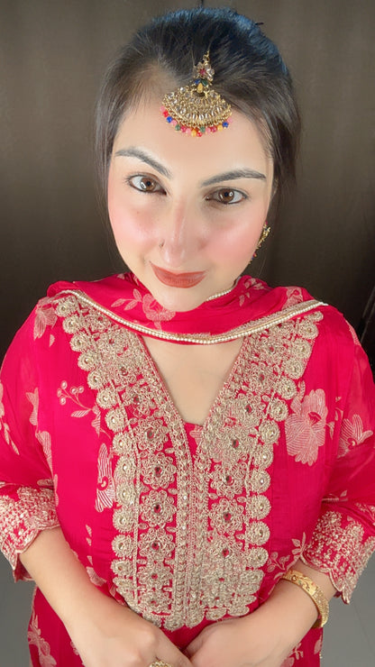 Fuchsia Pink Chinon Partywear Anarkali Suit Set with Beautiful Dupatta