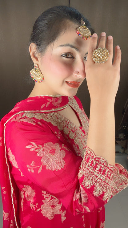 Fuchsia Pink Chinon Partywear Anarkali Suit Set with Beautiful Dupatta