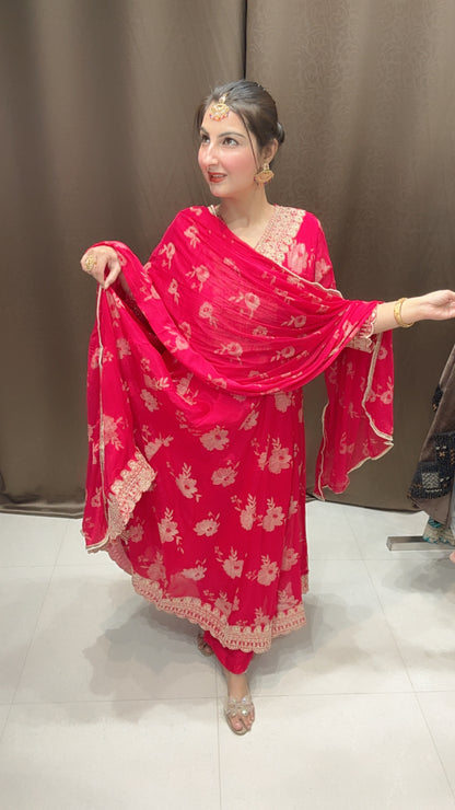 Fuchsia Pink Chinon Partywear Anarkali Suit Set with Beautiful Dupatta