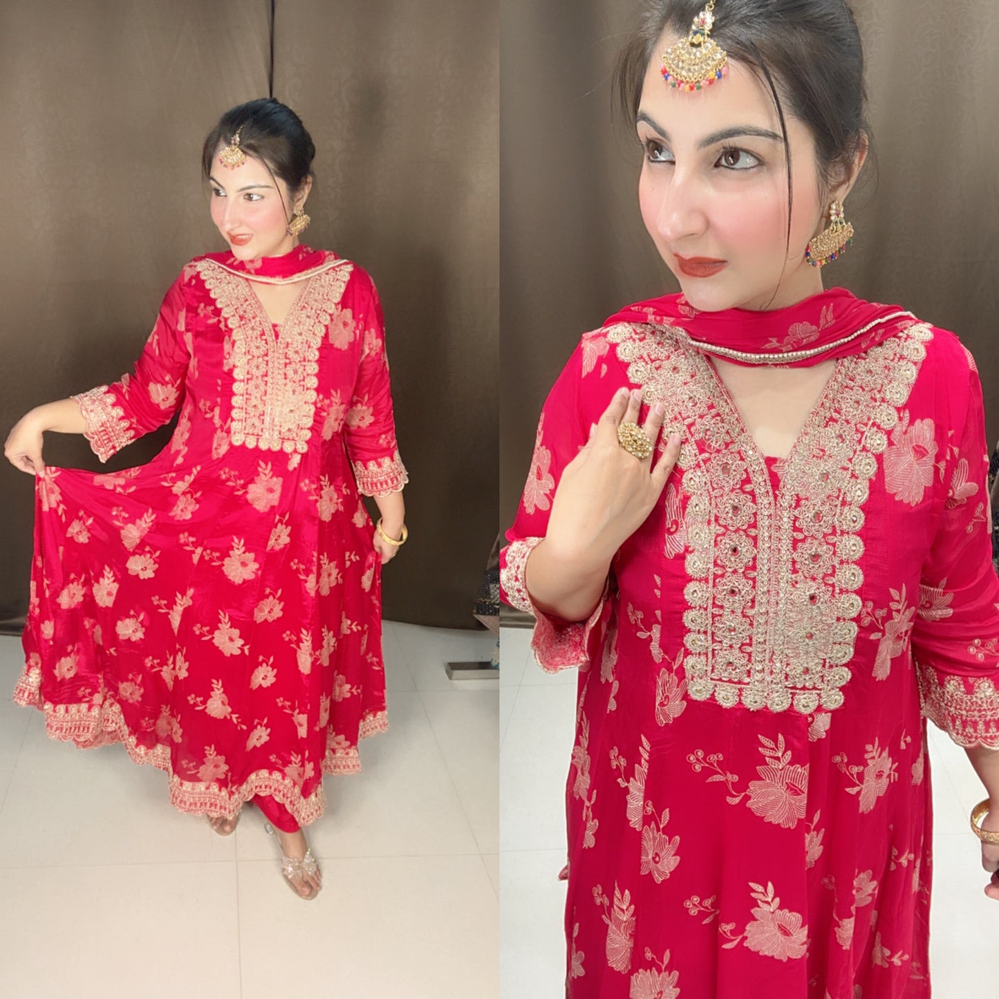 Fuchsia Pink Chinon Partywear Anarkali Suit Set with Beautiful Dupatta