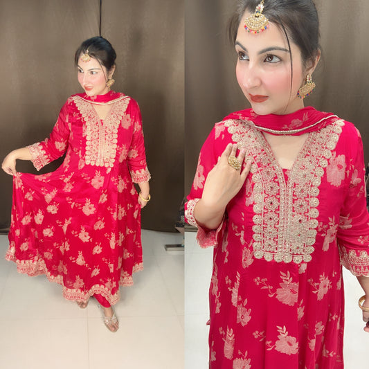 Fuchsia Pink Chinon Partywear Anarkali Suit Set with Beautiful Dupatta
