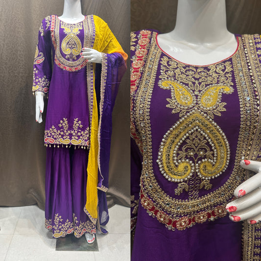 Deep Purple and Yellow Heavy Partywear Sharara Suit with Beautiful Chiffon Dupatta