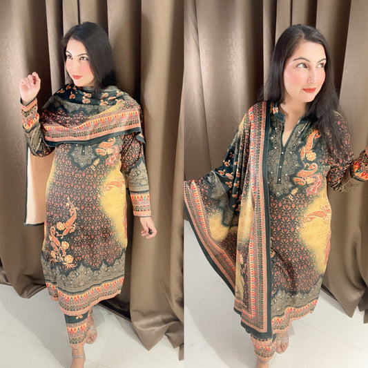 Green Yellow Digital Print Velvet Suit Set with Moti Pearl Work and Beautiful Velvet Dupatta