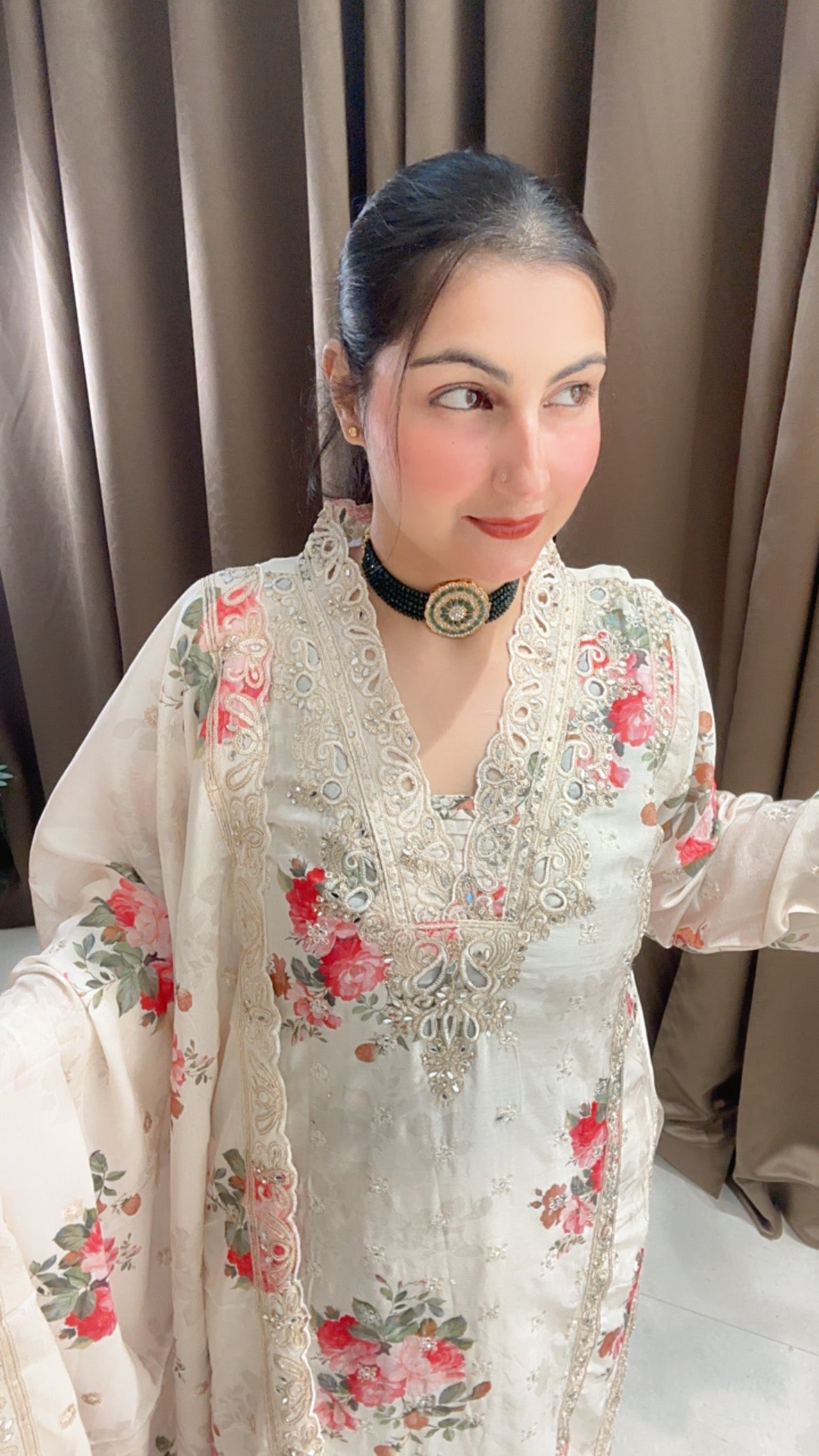 Creamish White Chinon Floral Suit with Plazzo and beautiful Dupatta