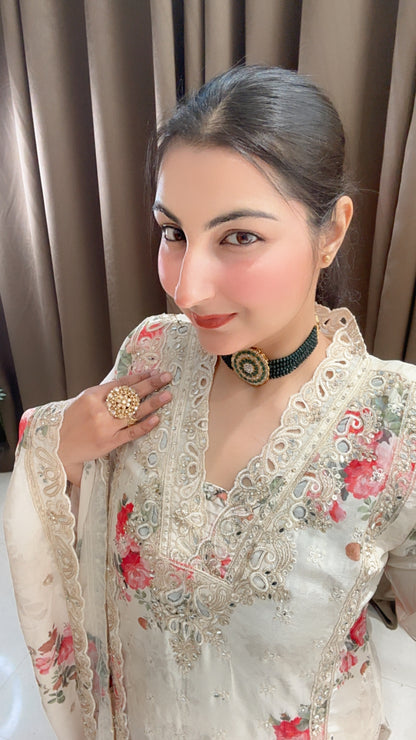 Creamish White Chinon Floral Suit with Plazzo and beautiful Dupatta