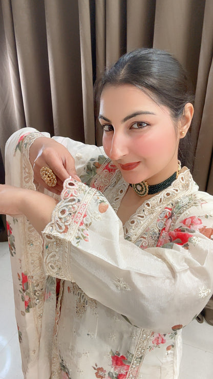 Creamish White Chinon Floral Suit with Plazzo and beautiful Dupatta
