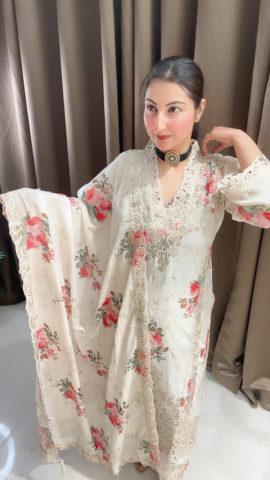 Creamish White Chinon Floral Suit with Plazzo and beautiful Dupatta