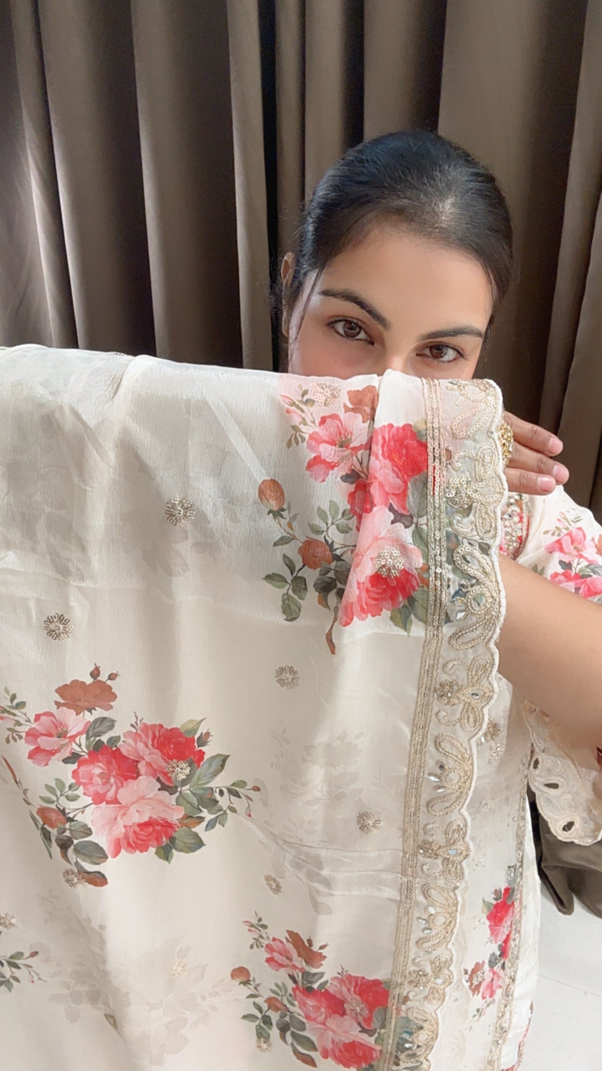 Creamish White Chinon Floral Suit with Plazzo and beautiful Dupatta