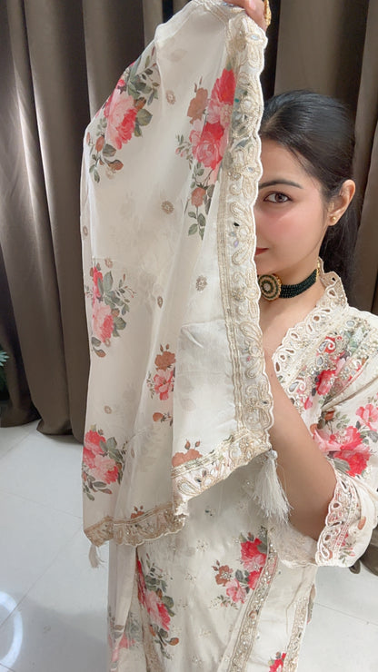 Creamish White Chinon Floral Suit with Plazzo and beautiful Dupatta