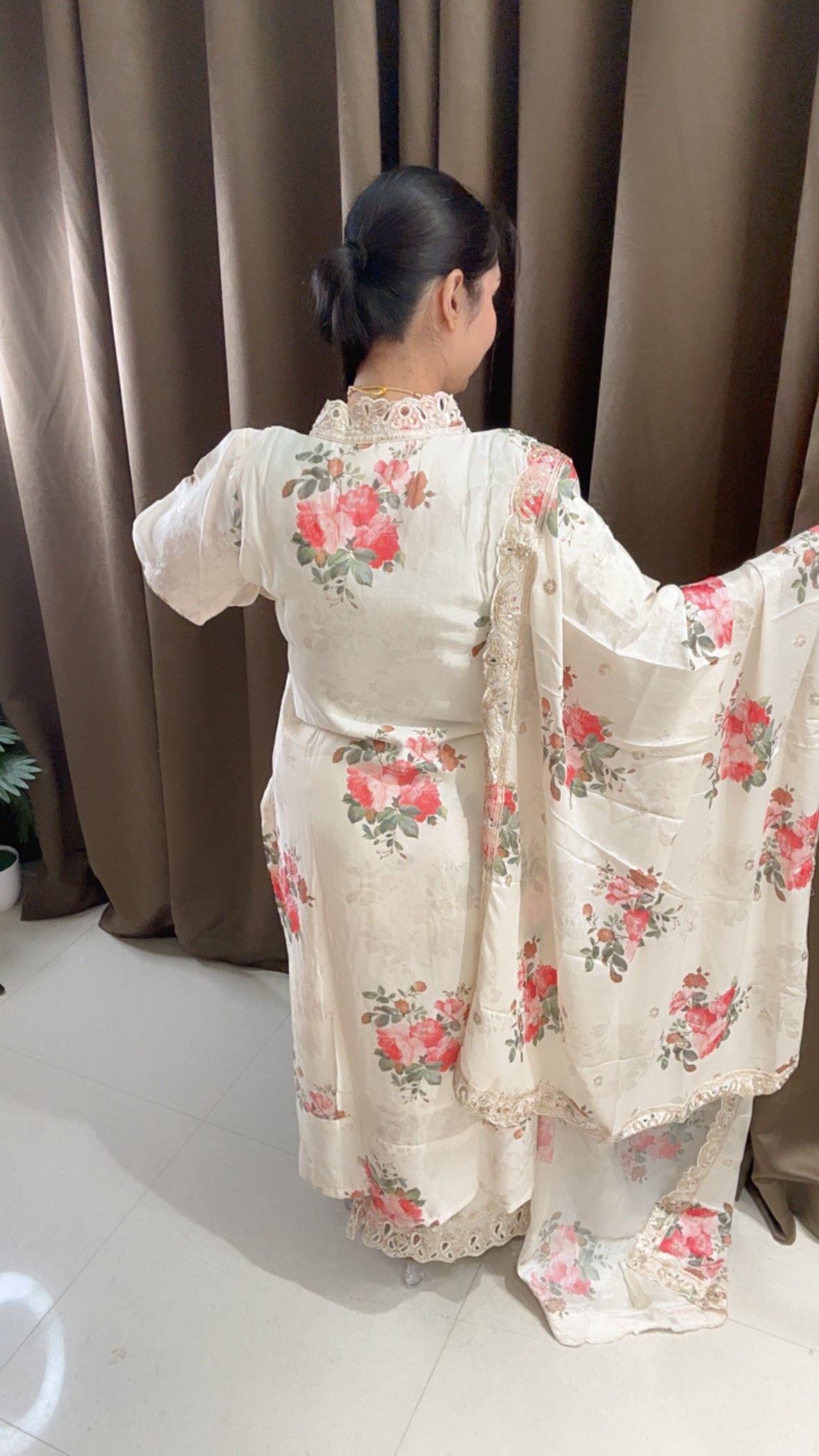 Creamish White Chinon Floral Suit with Plazzo and beautiful Dupatta