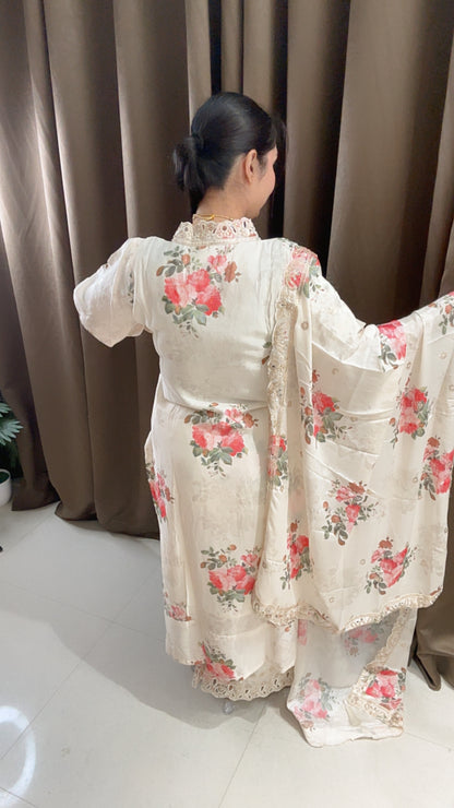 Creamish White Chinon Floral Suit with Plazzo and beautiful Dupatta
