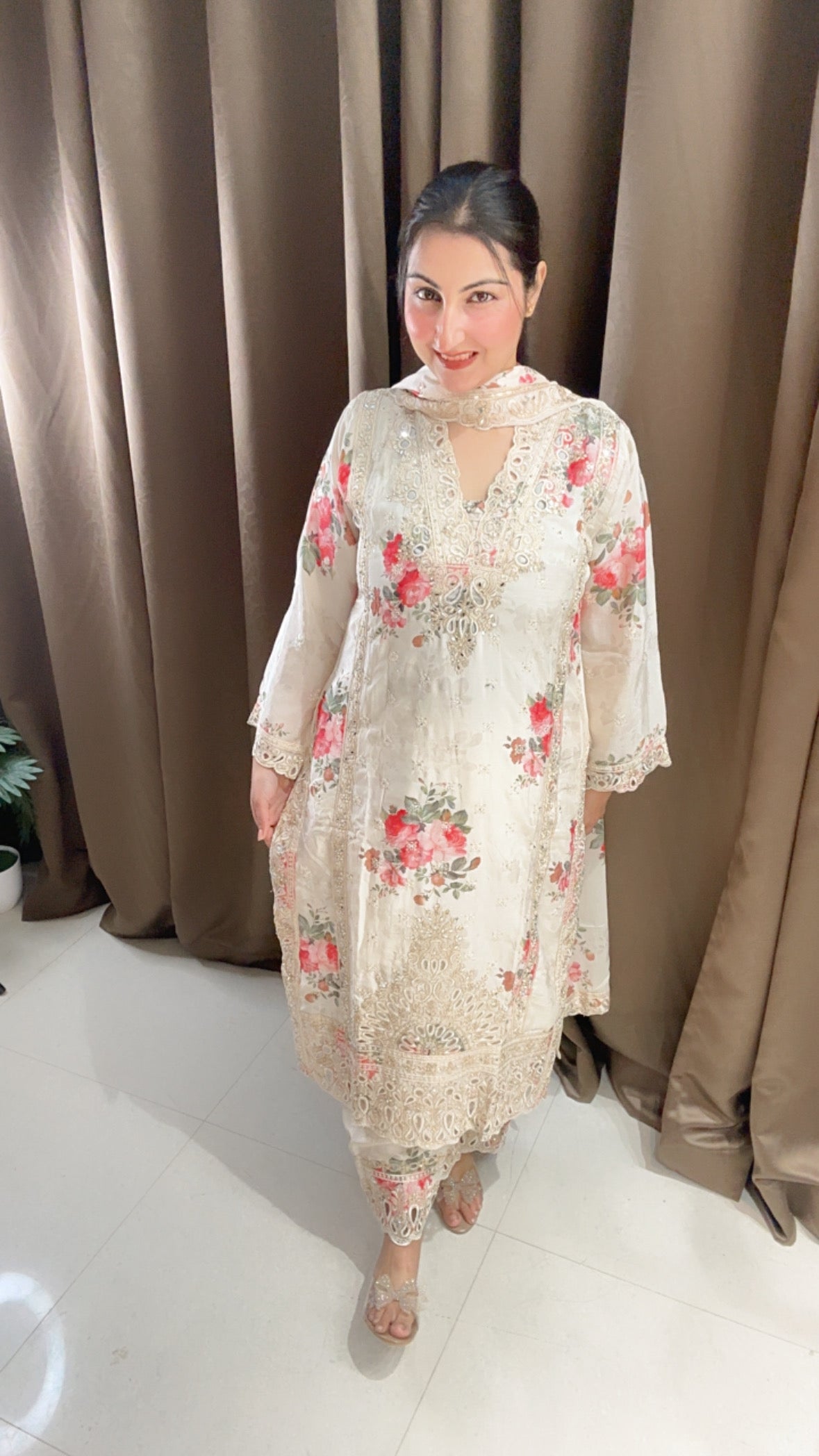 Creamish White Chinon Floral Suit with Plazzo and beautiful Dupatta