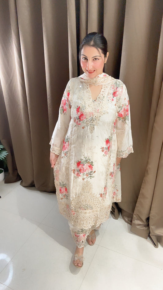 Creamish White Chinon Floral Suit with Plazzo and beautiful Dupatta