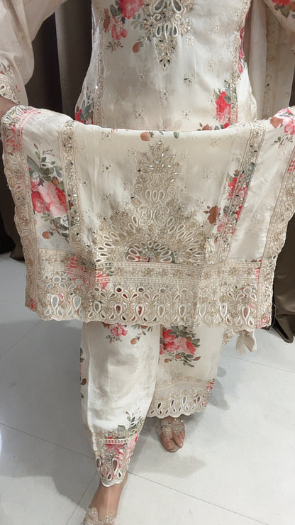 Creamish White Chinon Floral Suit with Plazzo and beautiful Dupatta