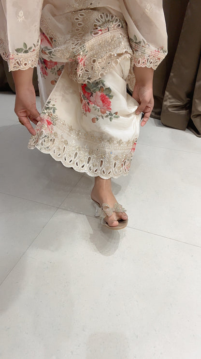 Creamish White Chinon Floral Suit with Plazzo and beautiful Dupatta