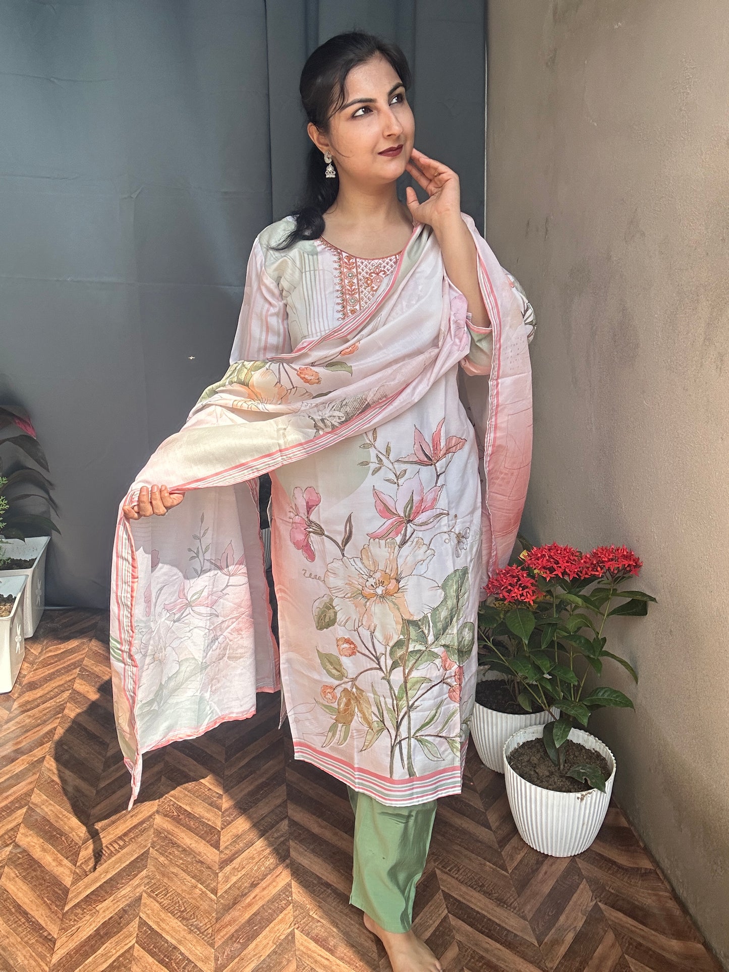 Blush Bloom Embroidered Flex Cotton Suit